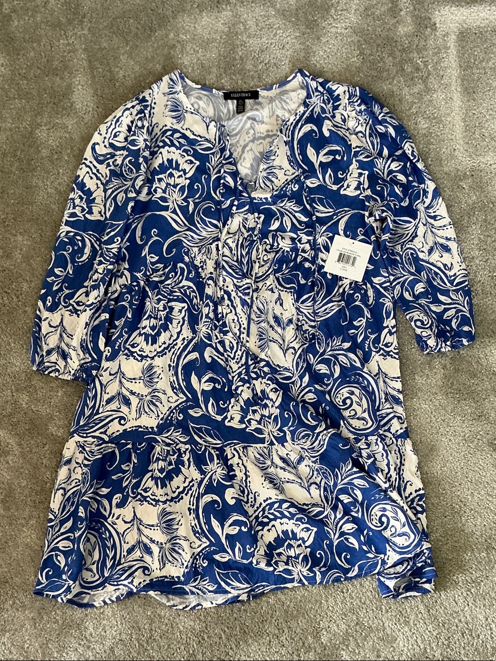 Ellen Tracy Double Tie Keyhole Tiered Babydoll Dress In Azure Batik Floral